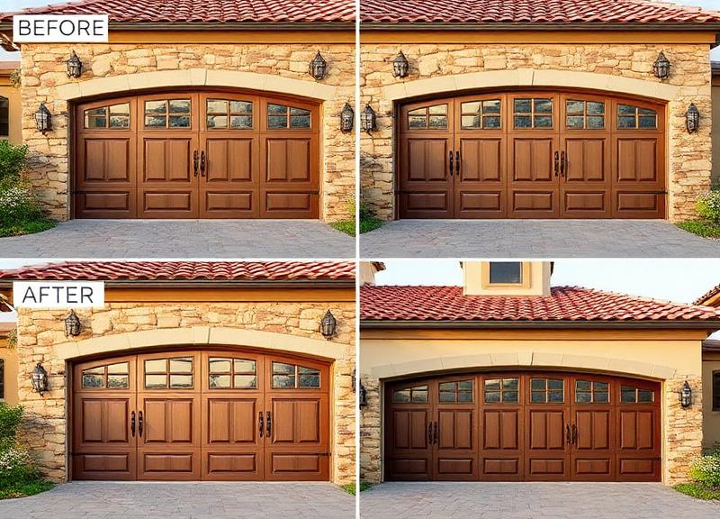 Before and after gallery of Tuscan inspired garage doors with stone surround installation