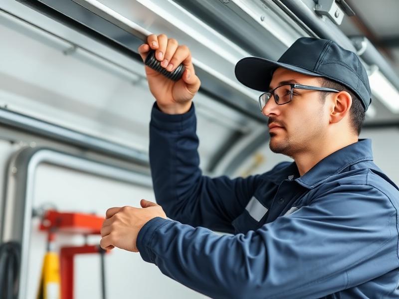 Professional garage door technician performing skilled maintenance on residential garage door